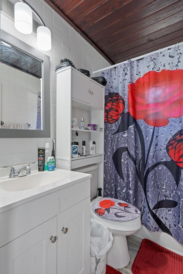 full bath with vanity, tile walls, a shower with shower curtain, wood ceiling, and tasteful backsplash