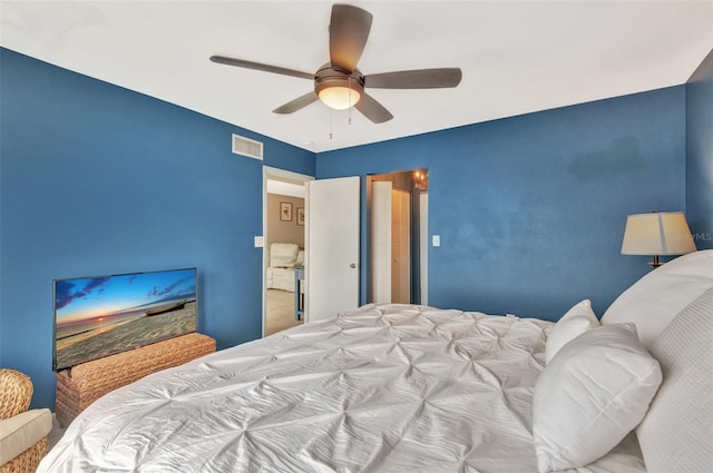 bedroom with a ceiling fan and visible vents