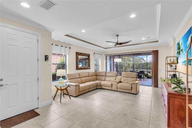 4610 Alexandria Ct, Palmetto, FL 34221 - living area featuring a raised ceiling, ceiling fan, recessed lighting, and visible vents