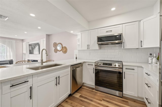 kitchen featuring white cabinets, appliances with stainless steel finishes, a sink, a peninsula, and tasteful backsplash
