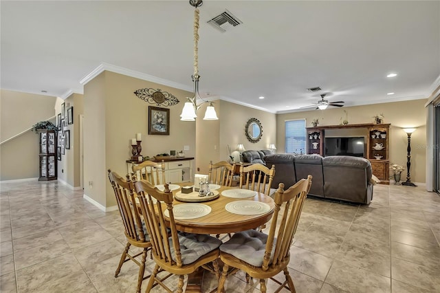 dining room featuring crown molding, ceiling fan, recessed lighting, and visible vents