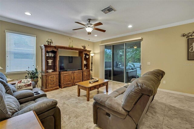 living area with a ceiling fan, visible vents, crown molding, baseboards, and recessed lighting