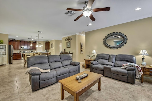 living area with visible vents, ornamental molding, recessed lighting, a ceiling fan, and light tile patterned floors