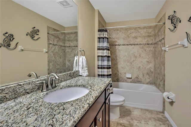 full bath with shower / tub combo, vanity, toilet, and visible vents