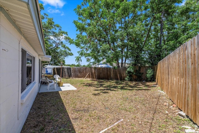 view of yard featuring a fenced backyard and a patio area