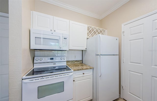 kitchen featuring crown molding, white appliances, light stone countertops, white cabinets, and backsplash