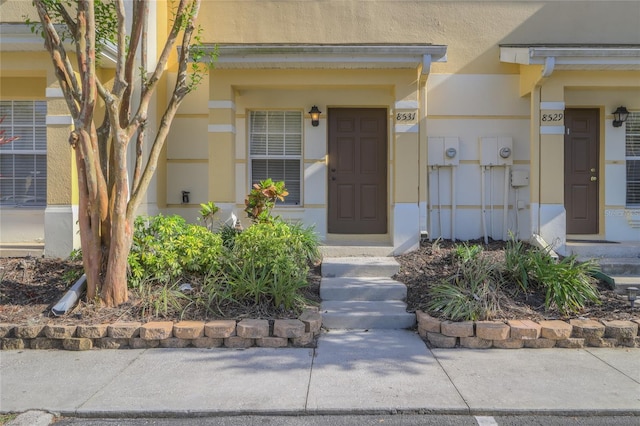 doorway to property with stucco siding