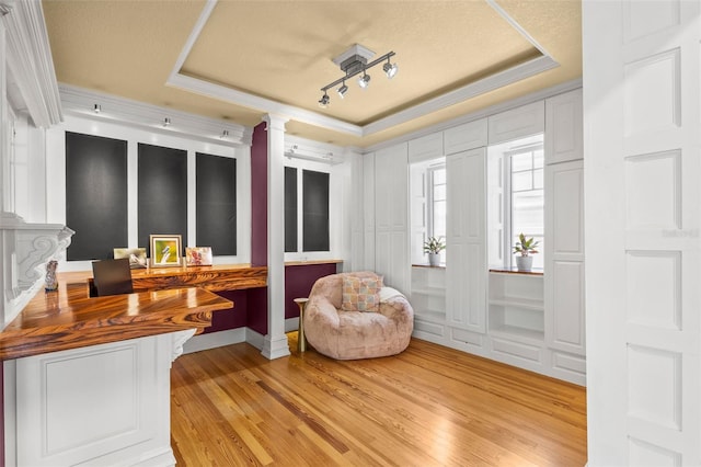 sitting room with decorative columns, a raised ceiling, ornamental molding, a decorative wall, and light wood-style flooring