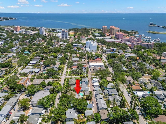 aerial view with a water view and a city view