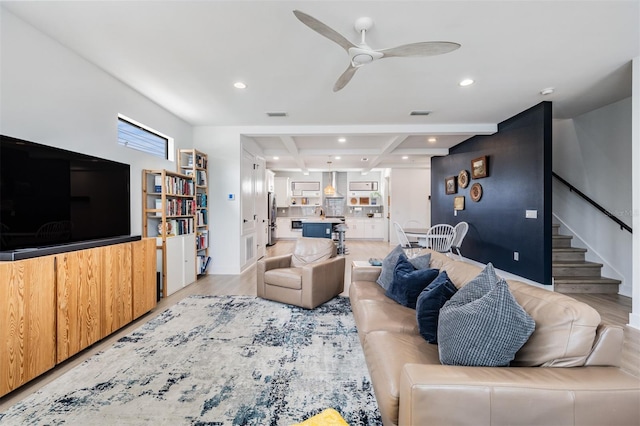 6904 S Macdill Ave Unit 1, Tampa, FL 33611 - living area with coffered ceiling, recessed lighting, beam ceiling, light wood-style floors, and ceiling fan