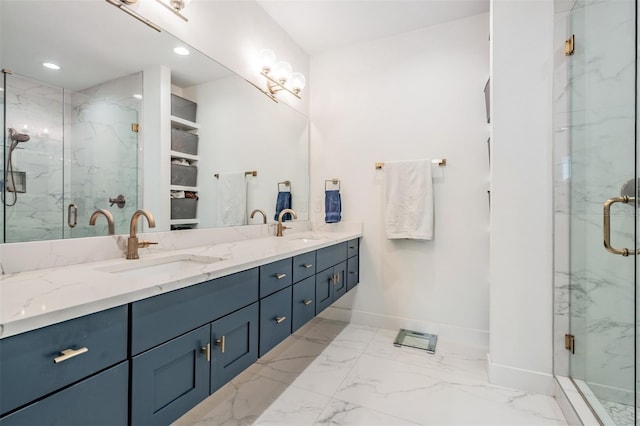 6904 S Macdill Ave Unit 1, Tampa, FL 33611 - full bathroom with marble finish floors, baseboards, double vanity, a marble finish shower, and recessed lighting