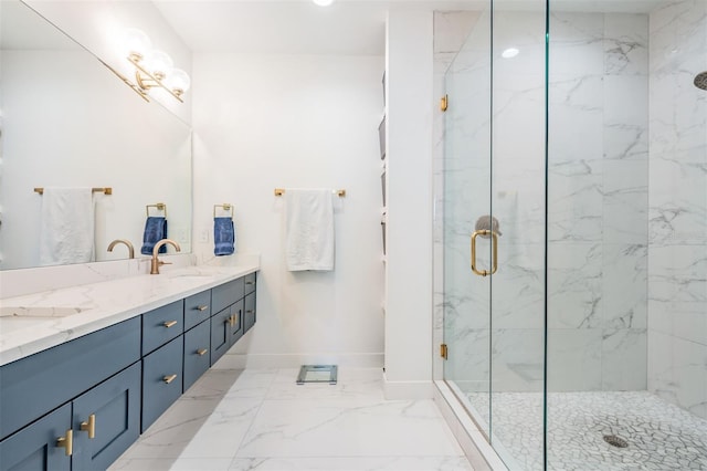 6904 S Macdill Ave Unit 1, Tampa, FL 33611 - bathroom with marble tiled floors, a marble finish shower, double vanity, and baseboards