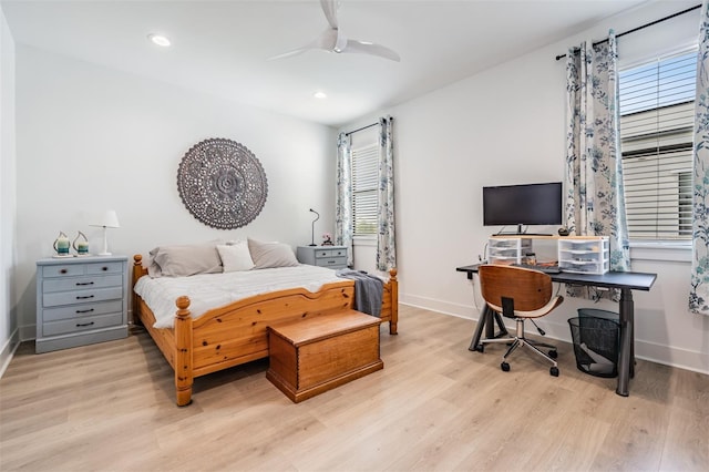 6904 S Macdill Ave Unit 1, Tampa, FL 33611 - bedroom with light wood-style flooring, baseboards, an office area, recessed lighting, and a ceiling fan