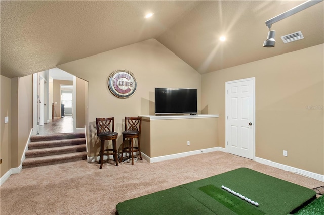 interior space featuring baseboards, lofted ceiling, a textured ceiling, and visible vents