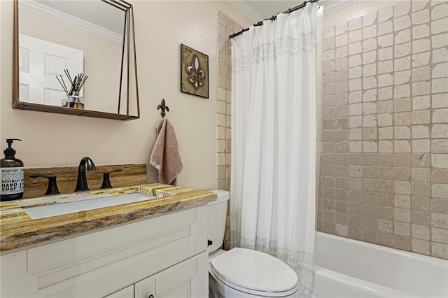 bathroom featuring crown molding, toilet, vanity, and shower / tub combo with curtain