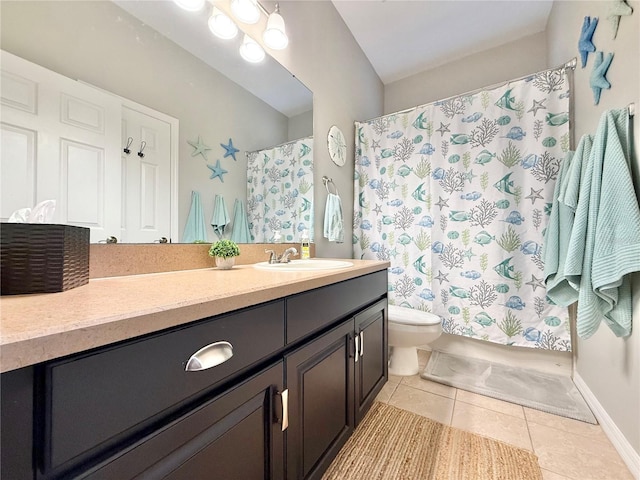 full bathroom featuring vanity, toilet, tile patterned floors, baseboards, and curtained shower