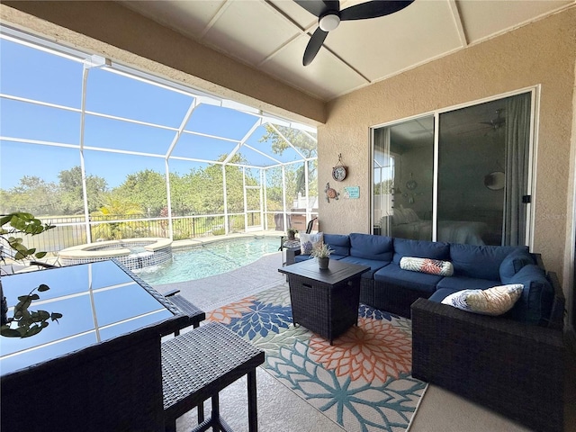 view of patio featuring an outdoor living space, ceiling fan, a pool with connected hot tub, and glass enclosure