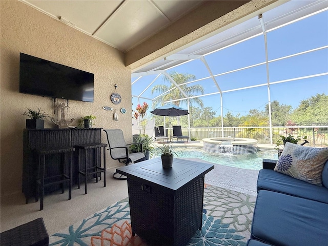 view of patio featuring a pool with connected hot tub, a lanai, and outdoor dry bar