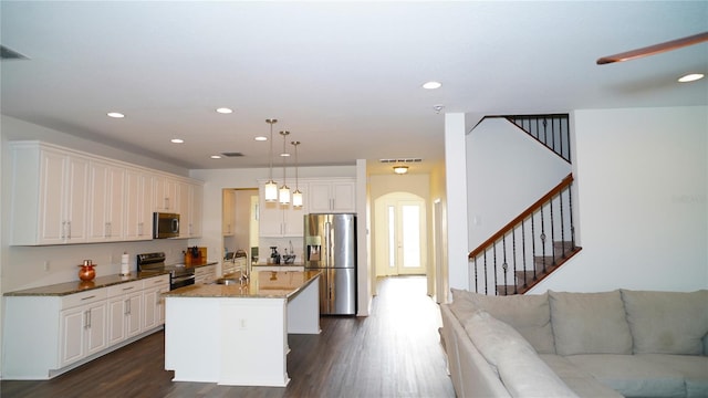 19314 Long Lake Ranch Blvd, Lutz, FL 33558 - kitchen with stainless steel appliances, a sink, arched walkways, dark wood-style flooring, and open floor plan