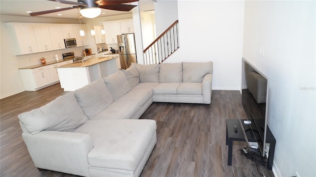 19314 Long Lake Ranch Blvd, Lutz, FL 33558 - living room with baseboards, a ceiling fan, stairway, recessed lighting, and dark wood finished floors