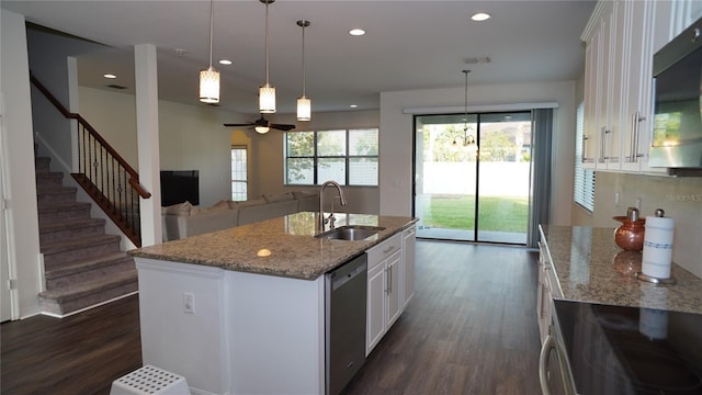 19314 Long Lake Ranch Blvd, Lutz, FL 33558 - kitchen featuring a sink, appliances with stainless steel finishes, dark wood-style floors, a ceiling fan, and recessed lighting