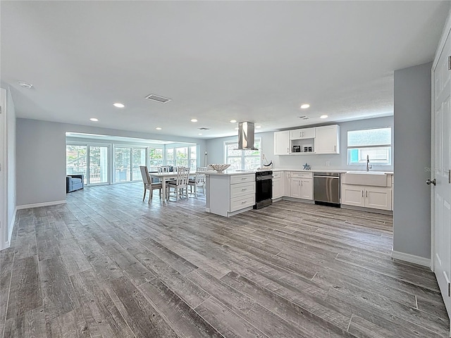 kitchen with ventilation hood, stainless steel dishwasher, a peninsula, and dark wood-type flooring
