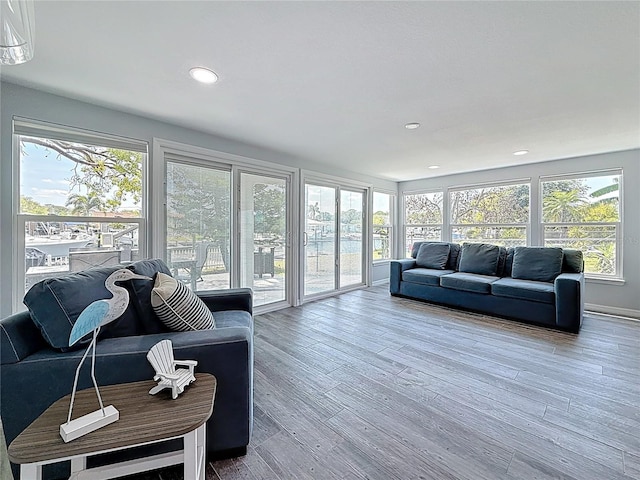 living area with recessed lighting and wood finished floors