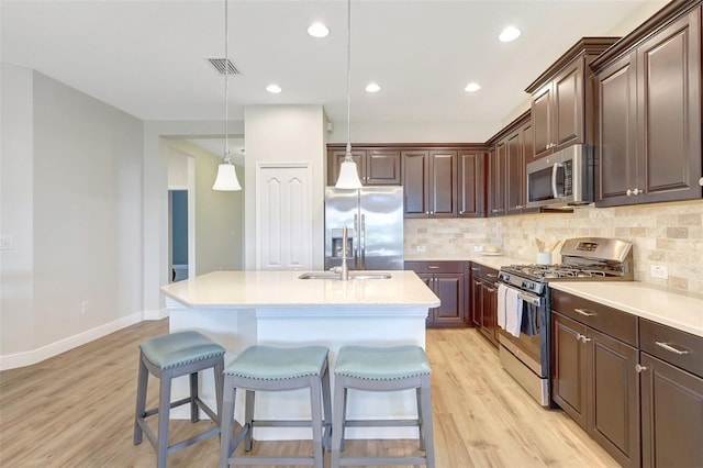 kitchen featuring light countertops, appliances with stainless steel finishes, decorative backsplash, and light wood finished floors