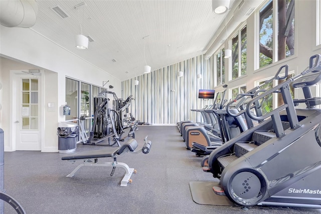 workout area with visible vents and a towering ceiling