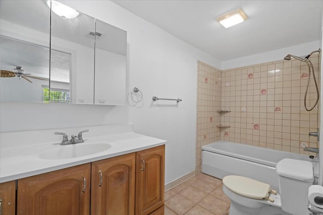 full bathroom featuring ceiling fan, tile patterned flooring, shower / tub combination, vanity, and toilet