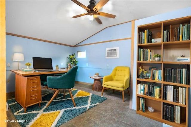 office space with ceiling fan, baseboards, and lofted ceiling