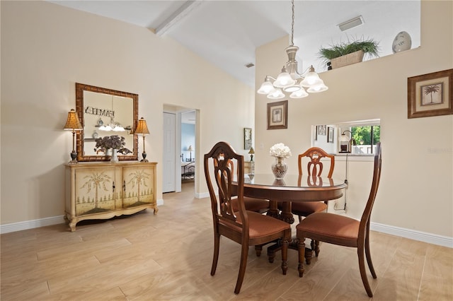 dining room featuring beam ceiling, baseboards, high vaulted ceiling, light wood-style flooring, and a notable chandelier