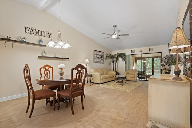 dining area featuring lofted ceiling with beams, a ceiling fan, and light wood-type flooring