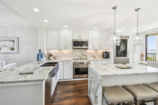 kitchen featuring recessed lighting, dark wood finished floors, a kitchen breakfast bar, and stainless steel appliances