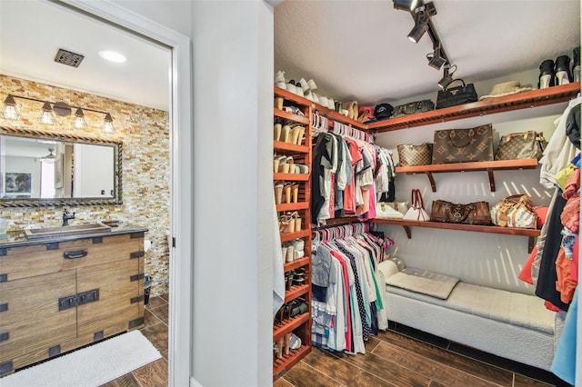 spacious closet with a sink, dark wood finished floors, and visible vents
