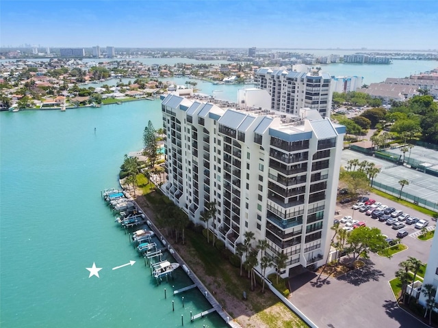 bird's eye view with a water view and a view of city