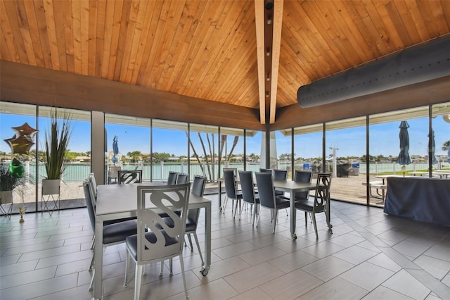 sunroom / solarium featuring tile patterned flooring, a water view, and wooden ceiling