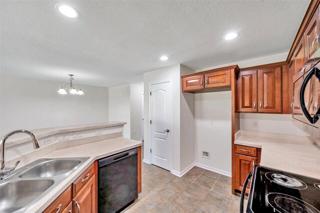 kitchen featuring brown cabinetry, a sink, a textured ceiling, and black appliances