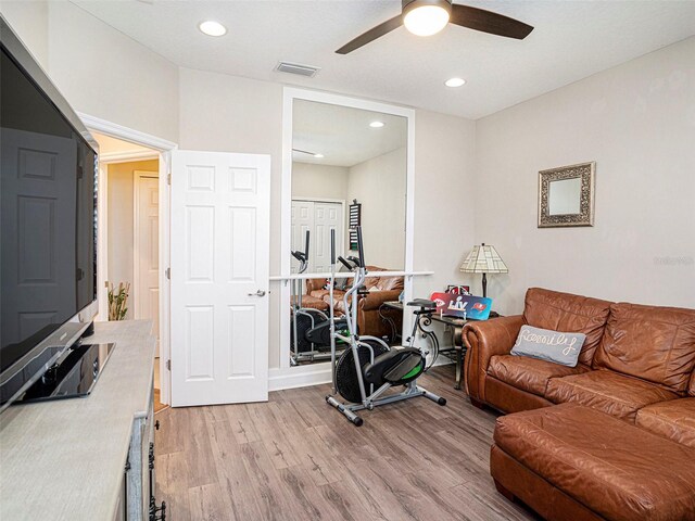 interior space featuring visible vents, recessed lighting, light wood-style flooring, and ceiling fan