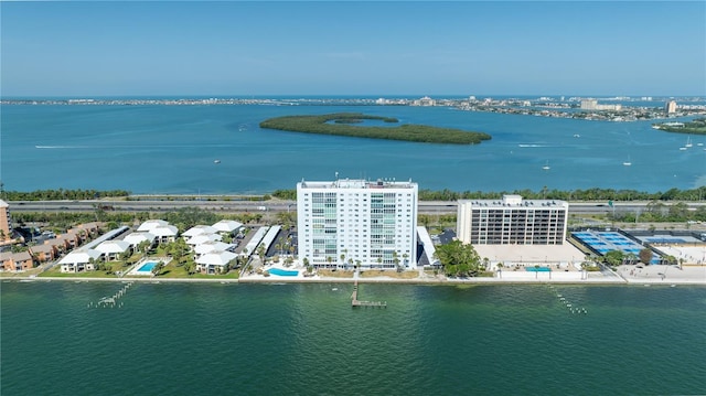 drone / aerial view with a water view