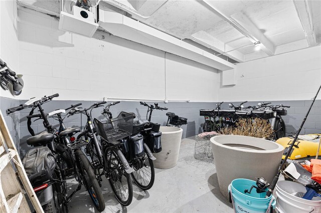 garage with concrete block wall