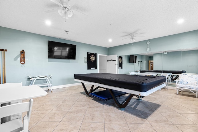 game room featuring recessed lighting, a ceiling fan, and light tile patterned flooring