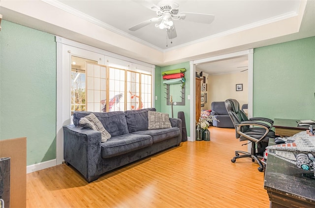 office featuring ceiling fan, light wood-style flooring, and ornamental molding