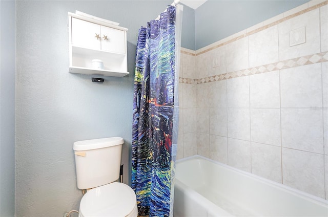 bathroom featuring toilet and shower / bath combination with curtain