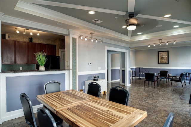 dining room with crown molding, rail lighting, a ceiling fan, recessed lighting, and visible vents