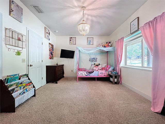 16224 Iola Woods Trl, Dade City, FL 33523 - carpeted bedroom with baseboards, an inviting chandelier, and visible vents