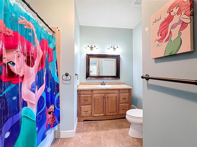 16224 Iola Woods Trl, Dade City, FL 33523 - bathroom with toilet, a shower with curtain, tile patterned flooring, and vanity