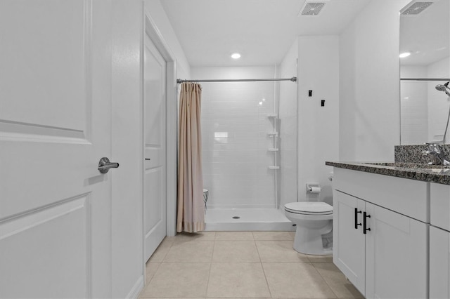 full bath featuring visible vents, tile patterned flooring, vanity, toilet, and tiled shower