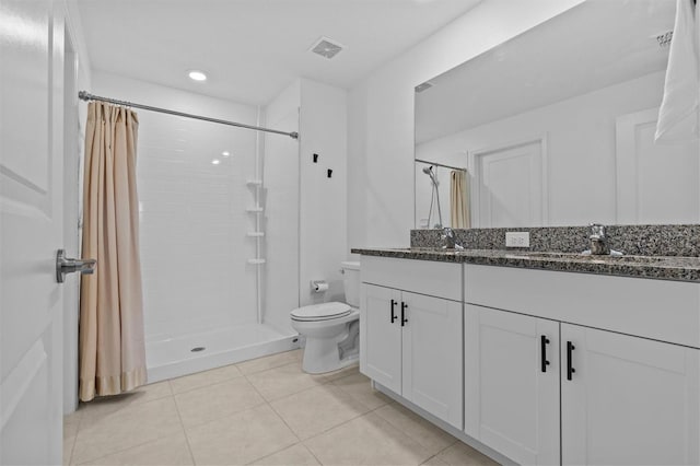 bathroom featuring a sink, toilet, tile patterned floors, visible vents, and a stall shower