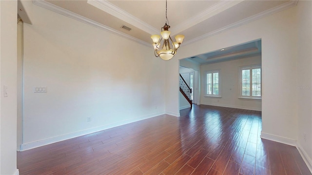 3615 S Church Ave, Tampa, FL 33629 - unfurnished room featuring a tray ceiling, dark wood finished floors, stairway, a chandelier, and crown molding